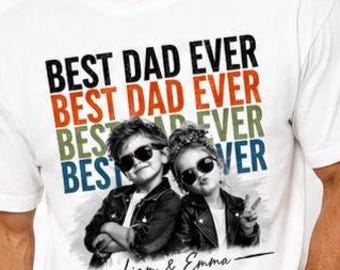 Camiseta personalizada com foto vintage do pai, camiseta personalizada para o Dia dos Pais com foto dos filhos, camiseta retrô "Melhor Pai do Mundo", presente de aniversário divertido para o pai dos filhos.