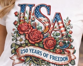 Camisa floral dos EUA, camiseta comemorativa dos 250 anos de liberdade, camisa patriótica com rosas dos EUA, camisa "América 1776", roupa para o 4 de julho, presente para o Dia da Independência