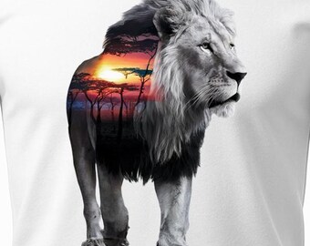 Maglietta leone uomo donna • maglietta grafica tramonto leone bianco • maglietta animali selvatici • regalo natura safari • maglietta grafica leone africano