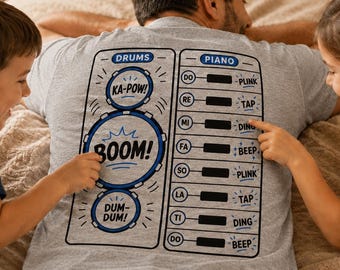 Tapete de atividades interativo para camiseta, estampa nas costas de bateria e piano para o papai e a criança.