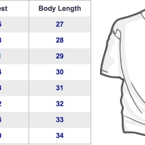 May include: Size chart for a t-shirt with measurements in inches for chest and body length. Sizes include XS, S, M, L, XL, 2XL, 3XL, and 4XL.