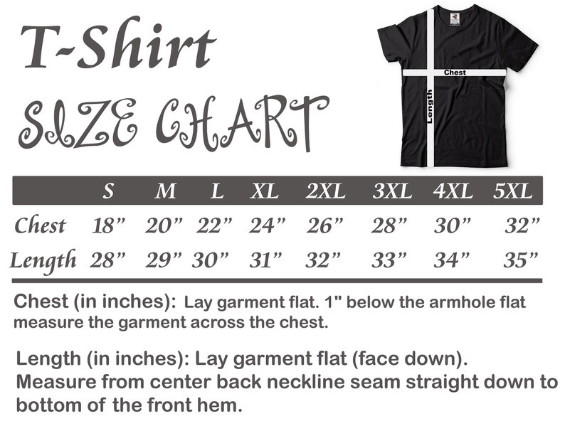K&ouml;nnte beinhalten: T-Shirt Gr&ouml;&szlig;entabelle mit Ma&szlig;en in Zoll f&uuml;r Brustumfang und L&auml;nge. Die Gr&ouml;&szlig;en reichen von S bis 5XL.