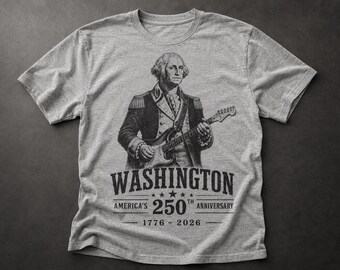 Camiseta com estampa de guitarra de George Washington, camiseta comemorativa do 250º aniversário dos Estados Unidos, camiseta patriótica de 4 de julho.