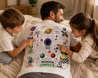 Camiseta divertida para presentear o pai, com labirinto infantil nas costas do papai, camiseta interativa para o Dia dos Pais, presente exclusivo dos filhos para o papai, camiseta para o vovô.