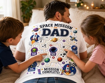 Camiseta Labirinto Espacial Interativo para o Dia dos Pais, Presente para o Dia dos Pais, Camiseta Infantil com Estampa nas Costas