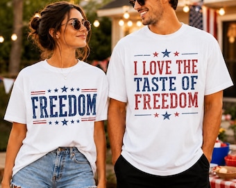Matching 4th of july couple shirts, i love the taste of freedom tee, his and hers patriotic set, funny usa couples gift