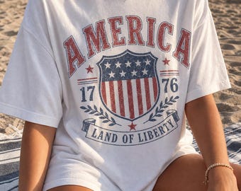 Vintage america shirt, land of liberty 1776 graphic tee, womens 4th of july shirt, retro coastal patriotic summer top