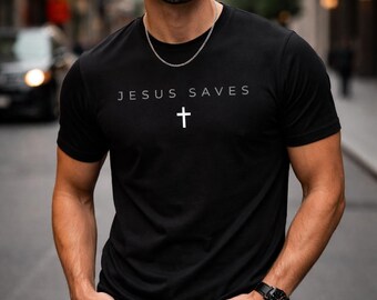Camiseta minimalista cristã "Jesus salva", camiseta de fé com estética cristã, camiseta com cruz, roupa cristã, ideia de presente religioso
