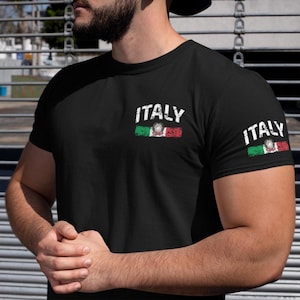 Italy t-shirt with italian flag | italy logo shirt | italian gift tee | flag print on front left & sleeve | italian pride shirt