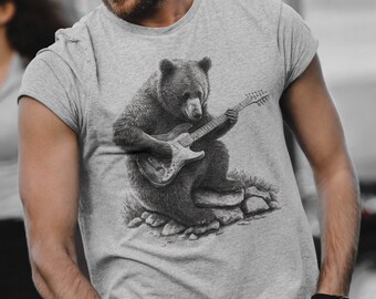 Bear t-shirt gift men's graphic tee bear guitar bear playing guitar men's bear shirt bear gifts music gift musician gifts