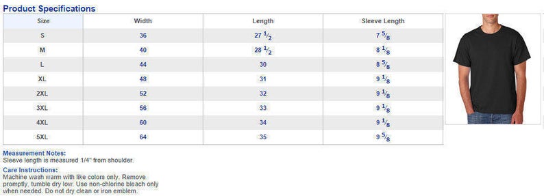 May include: Size chart for a t-shirt with measurements in inches for width, length, and sleeve length. Sizes range from S to 5XL.