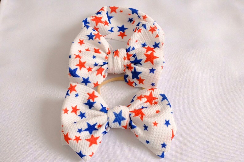 Red White and Blue Stars Bow Baby Newborn 4th of July Bows Messy Bows Fabric Bow Toddler Big Bow Headband Big Bow headwrap
