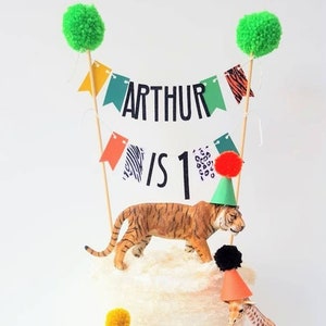 Personalised Name and Age Cake Topper in Multicoloured Animal Print