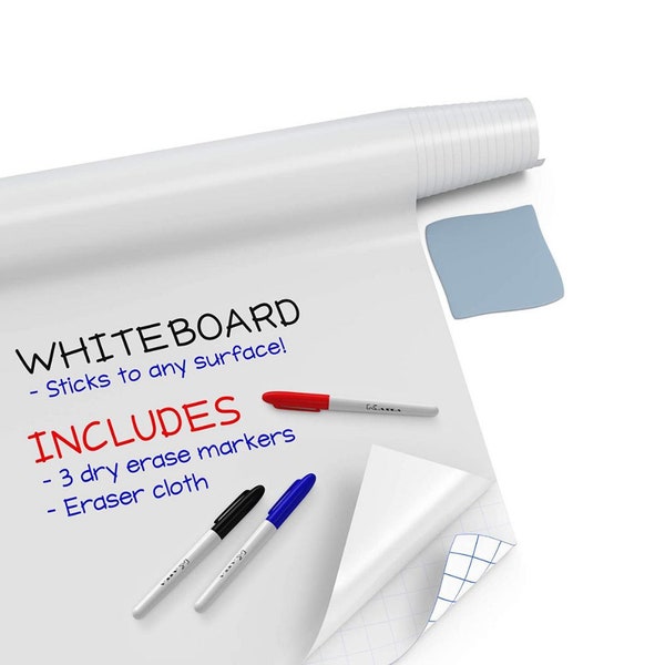 Kassa Large Whiteboard Wall Sticker Roll - 17.3" x 96” (8 Feet) - 3 Dry Erase Board Markers Included - Adhesive White Board Wallpaper