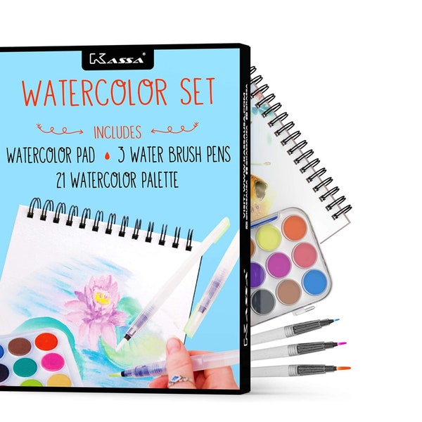 Kassa Watercolor Set for Beginners & Artists - Includes 3 Water Brushes, Watercolor Pad and 21 Paint Pan - Watercoloring Kit