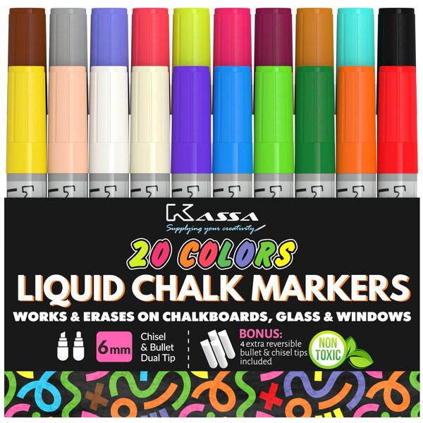 Kassa Liquid Chalk Markers for Blackboards (20 Colors) - Erasable Chalkboard Pens for Glass, Window, Black Board, Mirror - Dual Tip 6mm