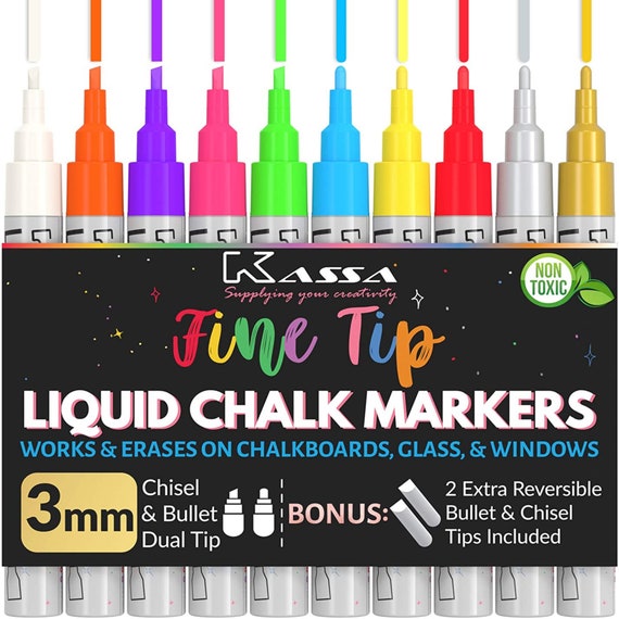 Kassa Liquid Chalk Markers for Blackboards Neon & Pastel Colors Erasable  Pens on Chalkboard Glass, Window , Mirror Reversible Dual Tip 