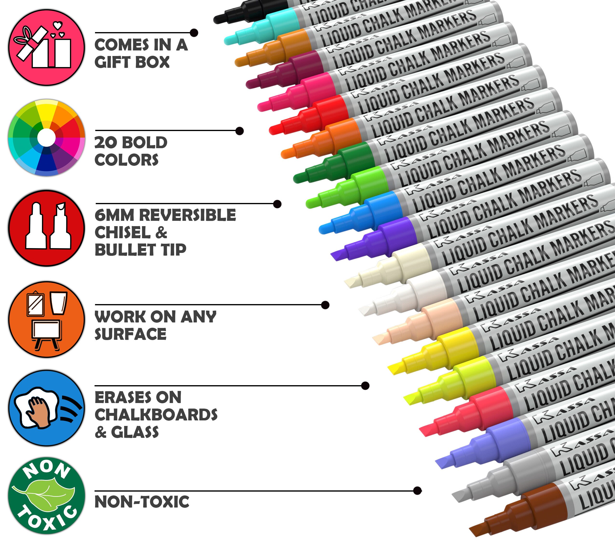 Kassa Chisel and Bullet Dual Tip Marking Pen, Liquid Chalk Marker Bundle,  Multi Color 20 Pack (6mm), Set of 8 Metallic (6mm) & 5 White Chalk Markers