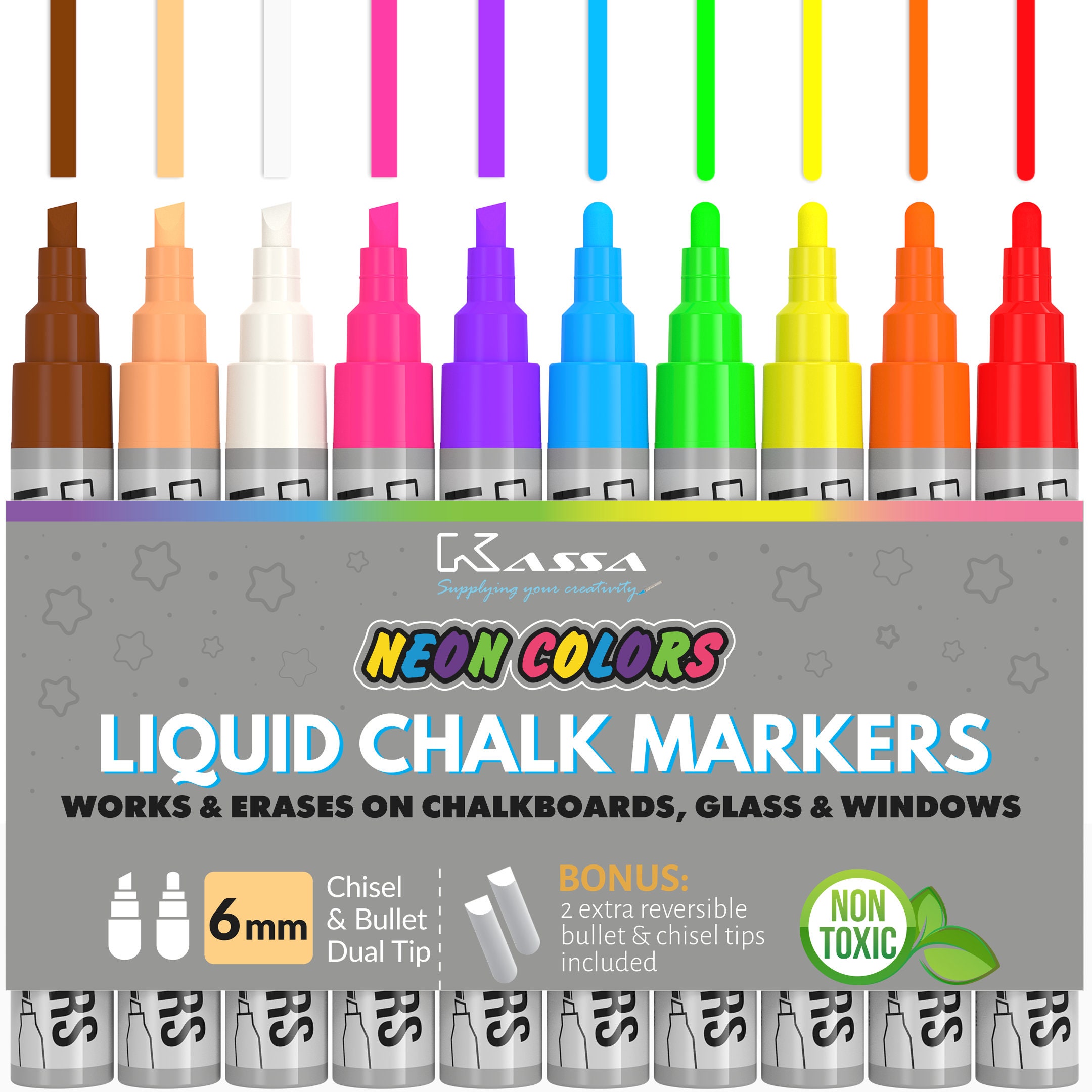 Liquid Chalk Marker Pen - Dry Erase Marker - Chalk Markers for Chalkboard  Signs, Windows, Blackboard, Glass - 6mm Reversible Tip - 24 Chalkboard