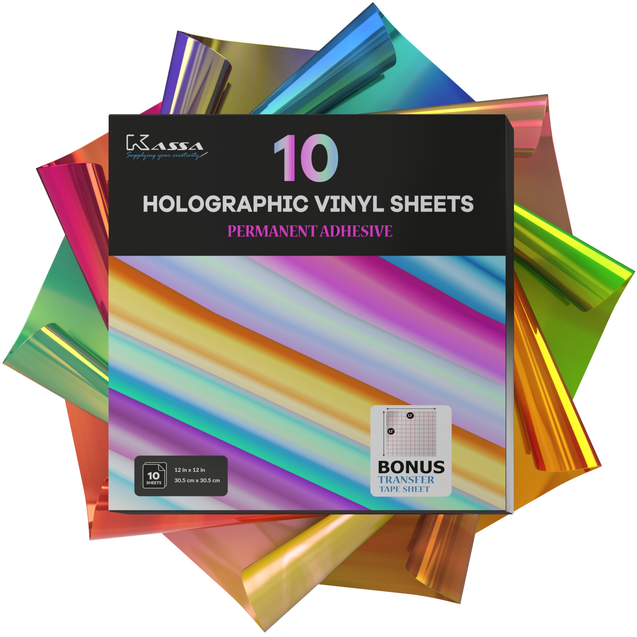 Kassa Permanent Holographic Vinyl Sheets 10 Pack 12 X 12 Inch Opal