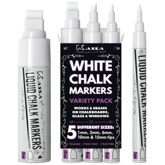 Kassa White Liquid Chalk Markers Wet Erase Chalkboard Pens for Glass Mirrors  & Blackboards Reversible Tip 1mm 3mm 6mm 10mm 15mm Sizes 