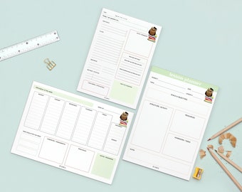 May include: Three printable planner pages with an owl illustration. The first page is a weekly planner with sections for Monday through Sunday. The second page is a daily planner with sections for to-do, morning routine, meetings, and evening routine. The third page is a lesson planner with sections for subject, topic, goals and objectives, structure/activity, resources, and homework/tasks.