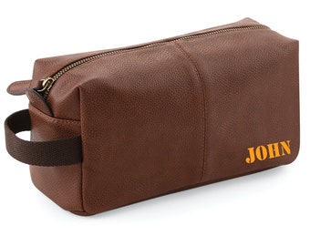 Faux leather wash bag personalised toiletries bag men gift custom print bag name