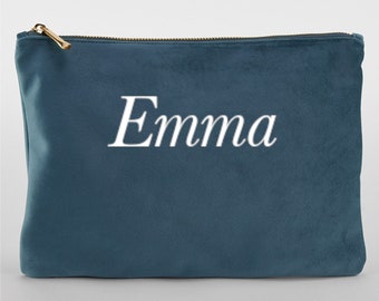 Custom name Make up bag velvet blue wash bag small personalised accessory pouch