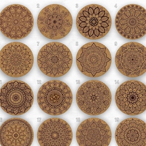 Cork coasters engraved with a mandala style, used for coffee, tea and any beverage. 100% natural cork. Ideal for your home, parties and rustic weddings. An excellent gift for your friends and loved ones