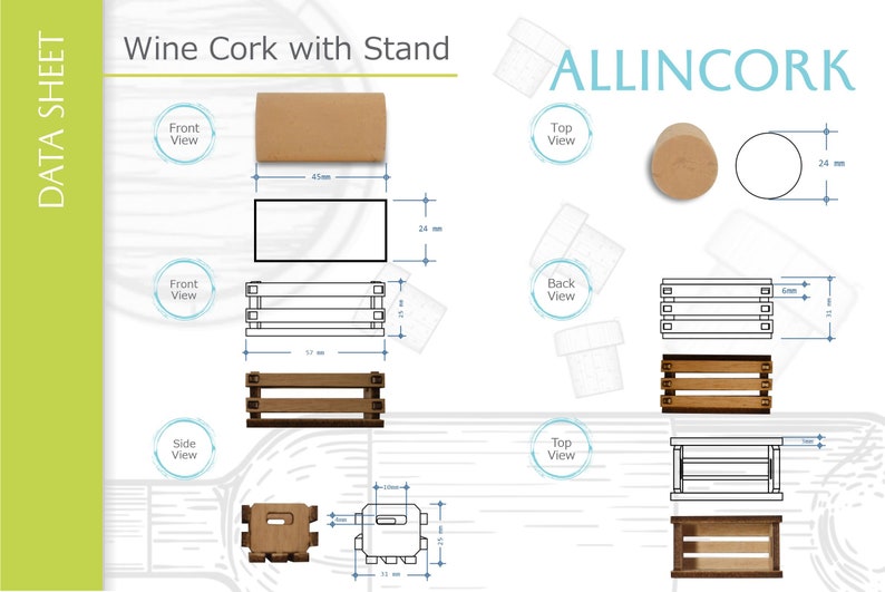 Technical sheet of cork sizes and wooden box