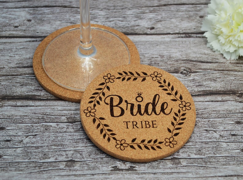 Personalized engraved cork coasters, used for bachelorette party and bridal shower. They are made of high quality natural cork. An excellent gift for guests and loved ones.