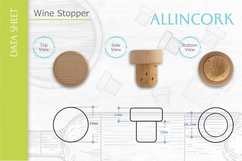 Technical sheet with the different sizes of the wine stopper