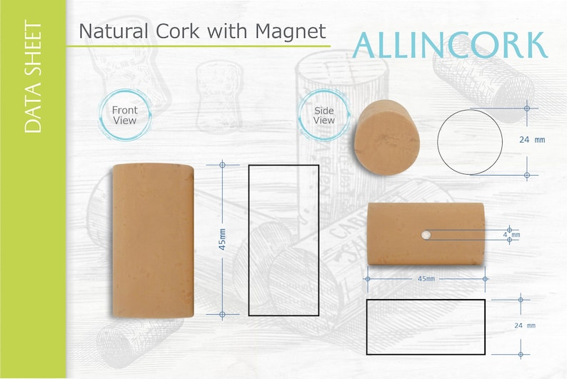 Data sheet of half cork Save the date with magnet and the type of cork, color and size