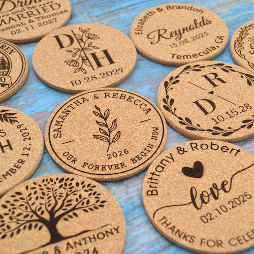 Personalized Cork Coaster Wedding Favors for Guests - Wedding Coasters - Engraved Rustic Coasters