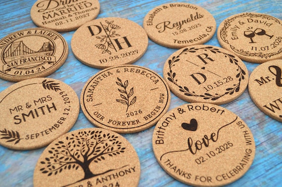 Personalized Cork Coaster Wedding Favors for Guests - Wedding Coasters - Engraved Rustic Coasters