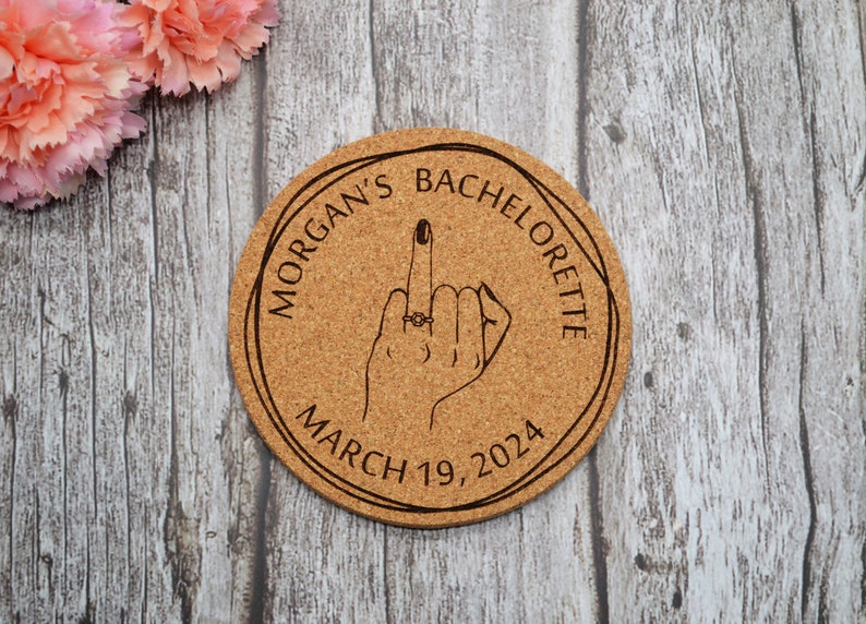 Personalized engraved cork coasters, used for bachelorette party and bridal shower. They are made of high quality natural cork. An excellent gift for guests and loved ones.