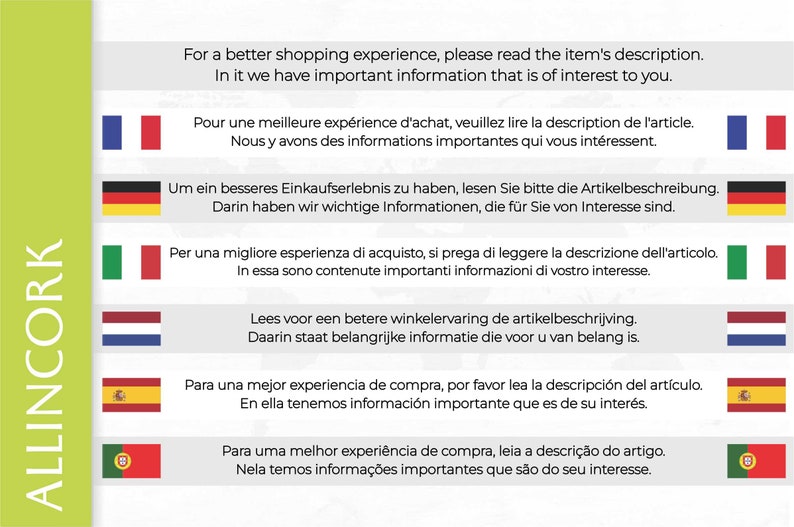 May include: A multilingual image with flags of different countries. The text in the image reads: "For a better shopping experience, please read the item's description. In it we have important information that is of interest to you."