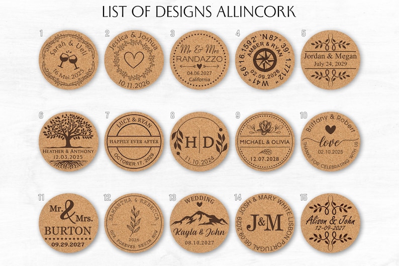 List of wedding designs for cork coasters, designs 1 to 15