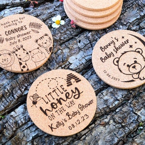 Personalized engraved cork coasters, used for baby shower and gender reveal. They are made of high quality natural cork. An excellent gift for guests and loved ones.