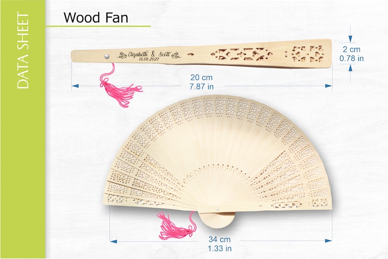 Specifications and sizes of rustic hand fan, perfect for weddings, anniversaries and wedding gifts.