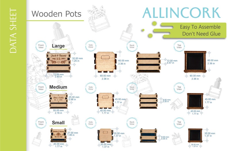 Technical sheet of the different sizes and dimensions of the mini wooden pots