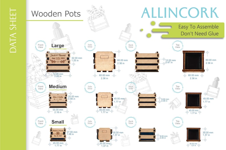 Technical sheet of the different sizes and dimensions of the mini wooden pots