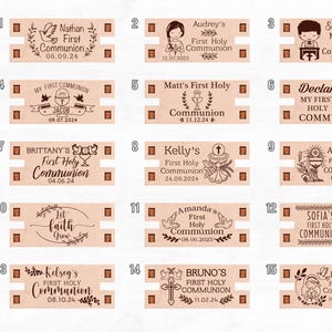 May include: Fifteen different designs for personalized cork favors for a First Holy Communion. Each design features a different illustration and text, including the name of the recipient, the date of the event, and the words "First Holy Communion".