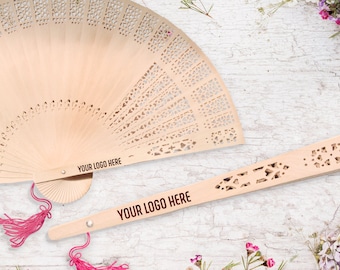 Rustic Hand Fan for Employee Appreciation Gifts bulk , Engraved Sandalwood, Realtor closing Gift, Custom logo, Corporate Gifts • AA191