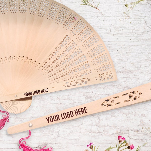 Rustic Hand Fan for Employee Appreciation Gifts bulk , Engraved Sandalwood, Realtor closing Gift, Custom logo, Corporate Gifts • AA191