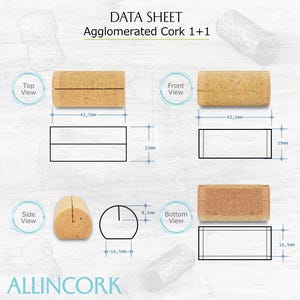 Technical sheet with the different sizes and specifications of cork for place card holders