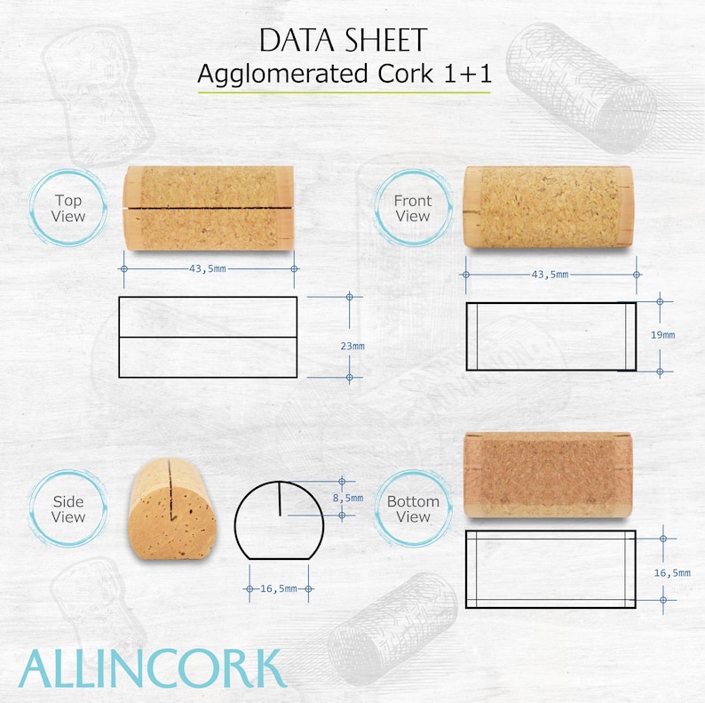 Technical sheet with the different sizes and specifications of cork for place card holders