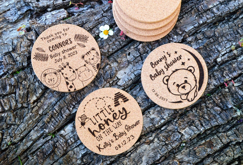 Personalized engraved cork coasters, used for baby shower and gender reveal. They are made of high quality natural cork. An excellent gift for guests and loved ones.