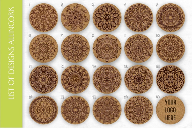 Cork coasters engraved with a mandala style, used for coffee, tea and any beverage. 100% natural cork. Ideal for your home, parties and rustic weddings. An excellent gift for your friends and loved ones