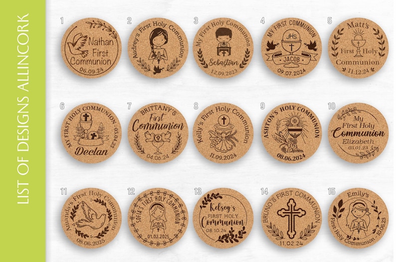 List of Allincork designs for first communion cork coasters, designs 1 to 15